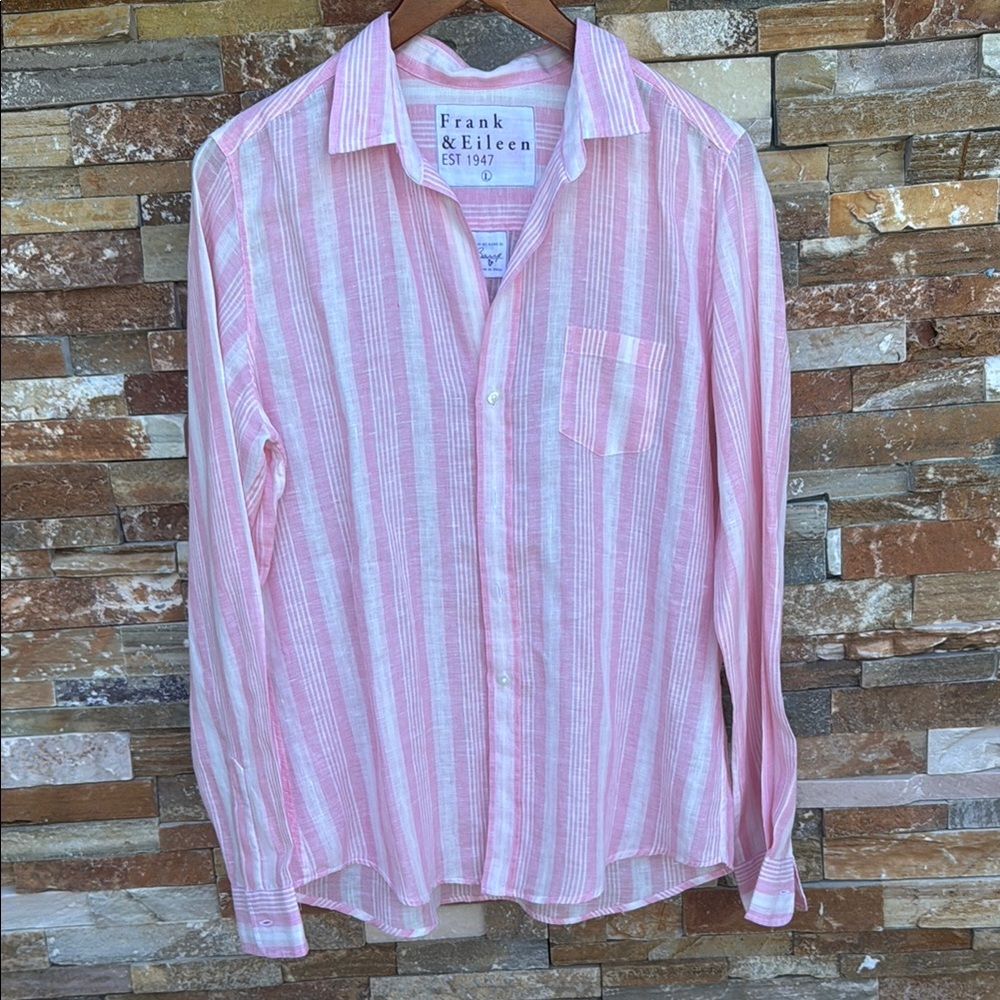 Frank & Eileen Barry Stripe Button Down Pink and White 100% Linen Large